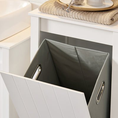 SoBuy BZR102-W Colonne Salle de Bain avec 3 Étagères et Sac à Linge Amovible – L45×P35×H171 cm, Charge 40 kg, Blanc