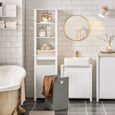 SoBuy BZR102-W Colonne Salle de Bain avec 3 Étagères et Sac à Linge Amovible – L45×P35×H171 cm, Charge 40 kg, Blanc
