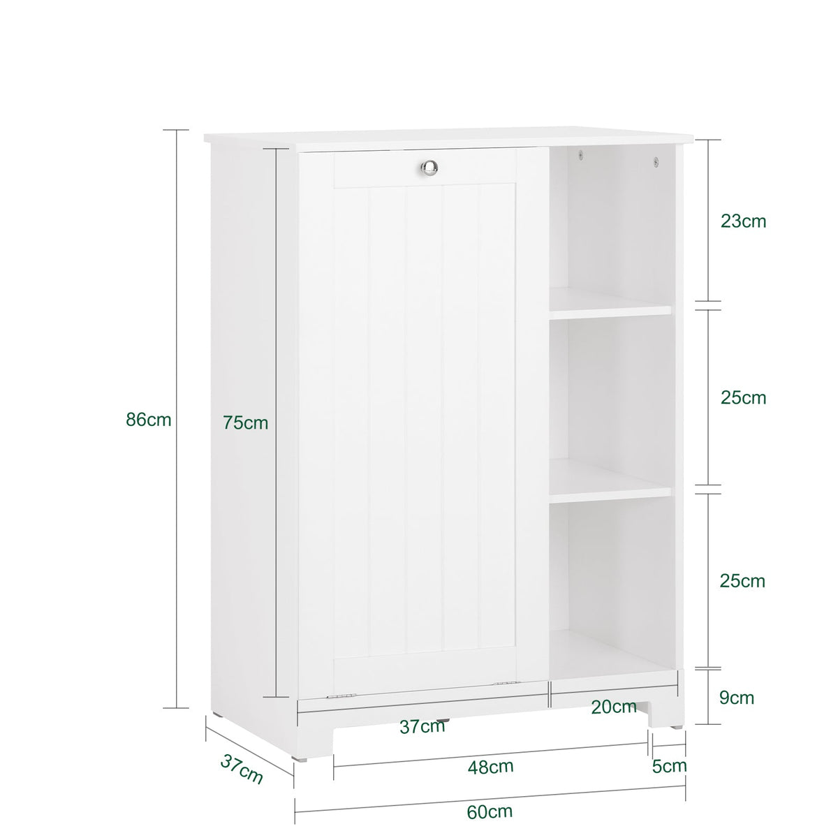 SoBuy BZR105-W Meuble Salle de Bain avec Panier à Linge et 3 Étagères – L60×P37×H86 cm, Charge 70 kg, MDF E1, Blanc