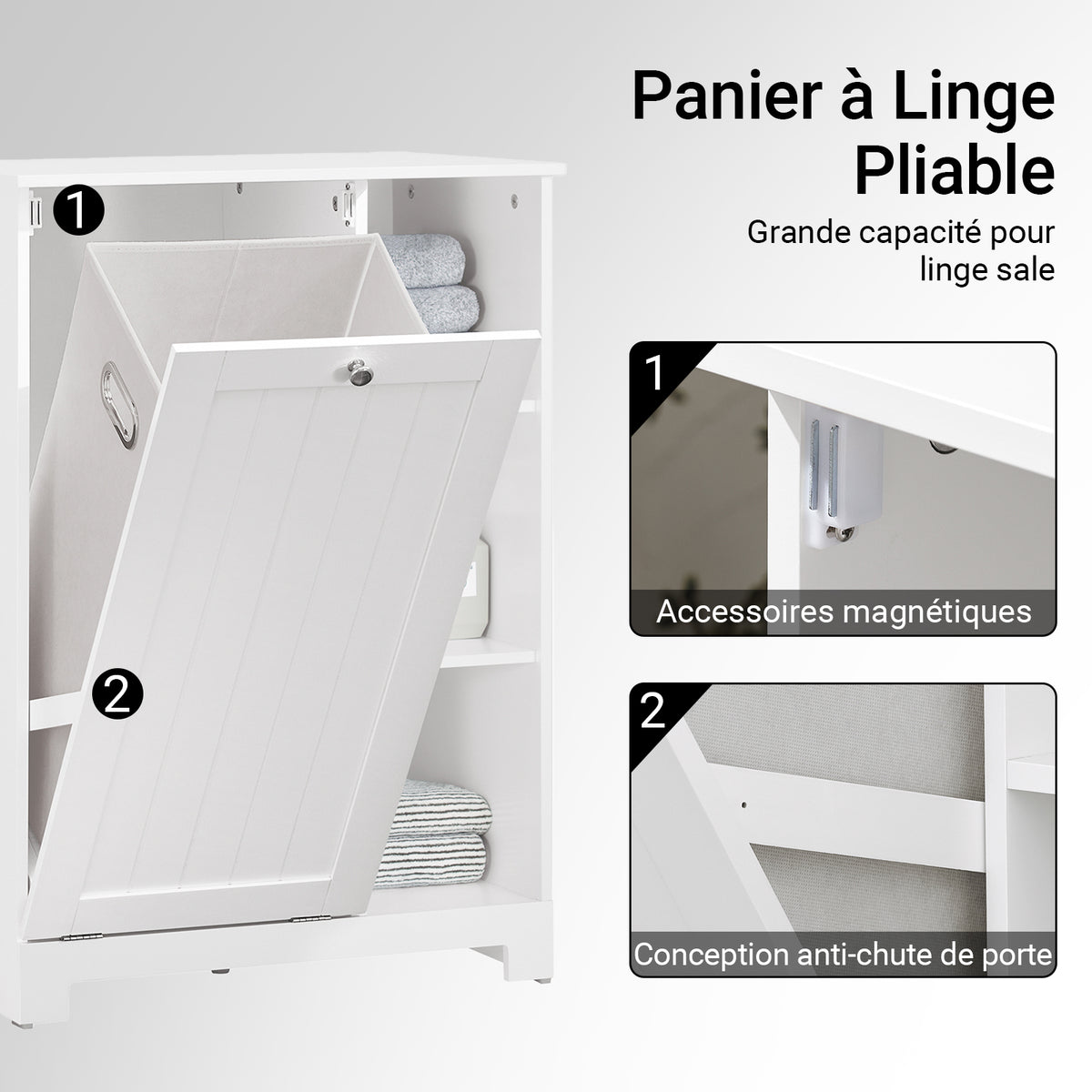 SoBuy BZR105-W Meuble Salle de Bain avec Panier à Linge et 3 Étagères – L60×P37×H86 cm, Charge 70 kg, MDF E1, Blanc