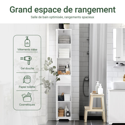 SoBuy BZR109-W Meuble Colonne Salle de Bain 170 cm Slim 30 cm 2 Portes Étagères Réglables Tiroir Anti-Basculement – Blanc