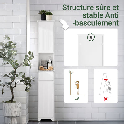 SoBuy BZR109-W Meuble Colonne Salle de Bain 170 cm Slim 30 cm 2 Portes Étagères Réglables Tiroir Anti-Basculement – Blanc