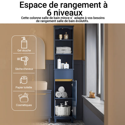 SoBuy BZR112-B Colonne Salle de Bain avec 3 Étagères et 1 Tiroir – L35×P30×H170 cm, Charge 40 kg, MDF E1, Bleu