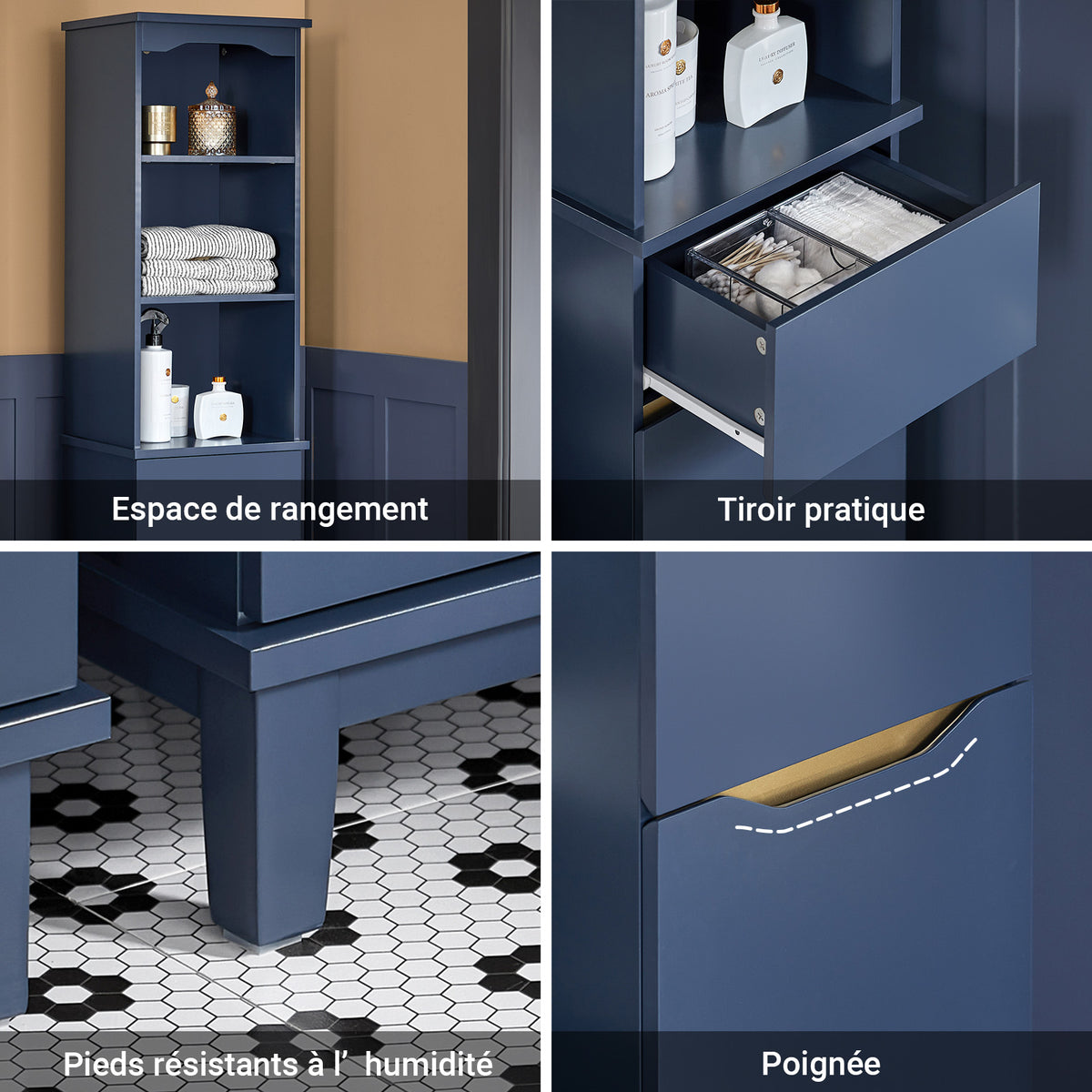 SoBuy BZR112-B Colonne Salle de Bain avec 3 Étagères et 1 Tiroir – L35×P30×H170 cm, Charge 40 kg, MDF E1, Bleu