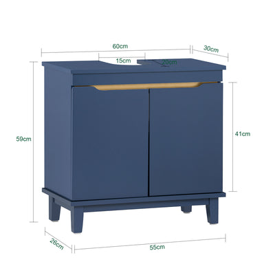 SoBuy BZR113-B Meuble sous-Lavabo Bleu Foncé 60 cm avec 2 Portes, Cloison et Pieds en Pin – Profondeur 30 cm, MDF E1, Charge 30 kg