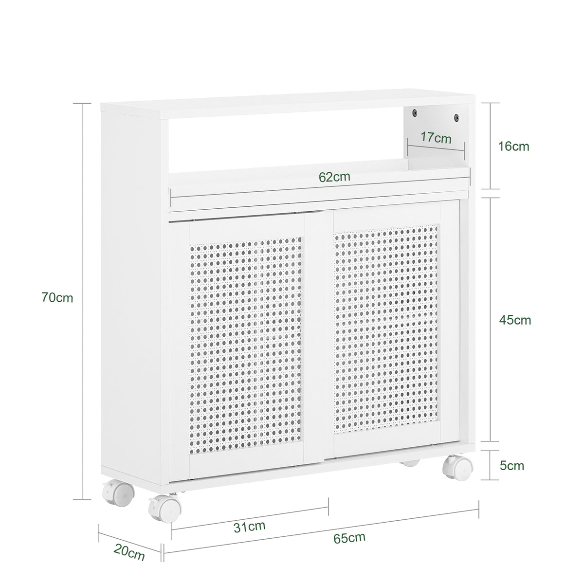 SoBuy BZR119-W Meuble WC à Roulettes avec 2 Portes Coulissantes en Rotin – L65×P20×H70 cm, Charge 35 kg, MDF E1, Blanc