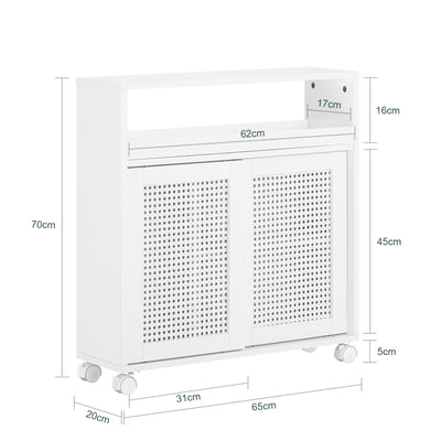 SoBuy BZR119-W Meuble WC à Roulettes avec 2 Portes Coulissantes en Rotin – L65×P20×H70 cm, Charge 35 kg, MDF E1, Blanc