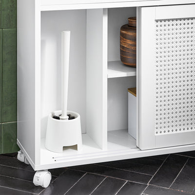 SoBuy BZR119-W Meuble WC à Roulettes avec 2 Portes Coulissantes en Rotin – L65×P20×H70 cm, Charge 35 kg, MDF E1, Blanc