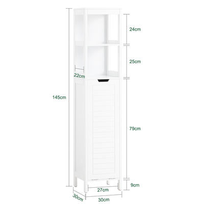 SoBuy BZR123-W Colonne Salle de Bain avec Panier à Linge Amovible et 2 Étagères Ouvertes – L30×P30×H145 cm, Charge 20 kg, MDF et Bambou, Blanc