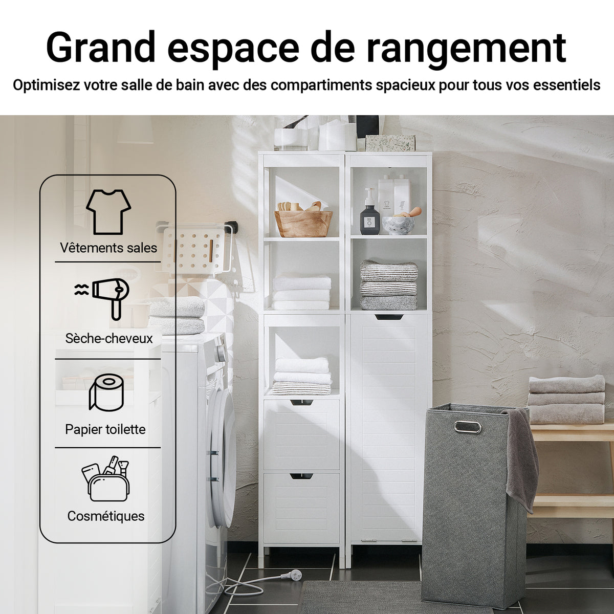 SoBuy BZR123-W Colonne Salle de Bain avec Panier à Linge Amovible et 2 Étagères Ouvertes – L30×P30×H145 cm, Charge 20 kg, MDF et Bambou, Blanc