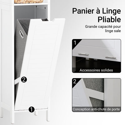 SoBuy BZR123-W Colonne Salle de Bain avec Panier à Linge Amovible et 2 Étagères Ouvertes – L30×P30×H145 cm, Charge 20 kg, MDF et Bambou, Blanc