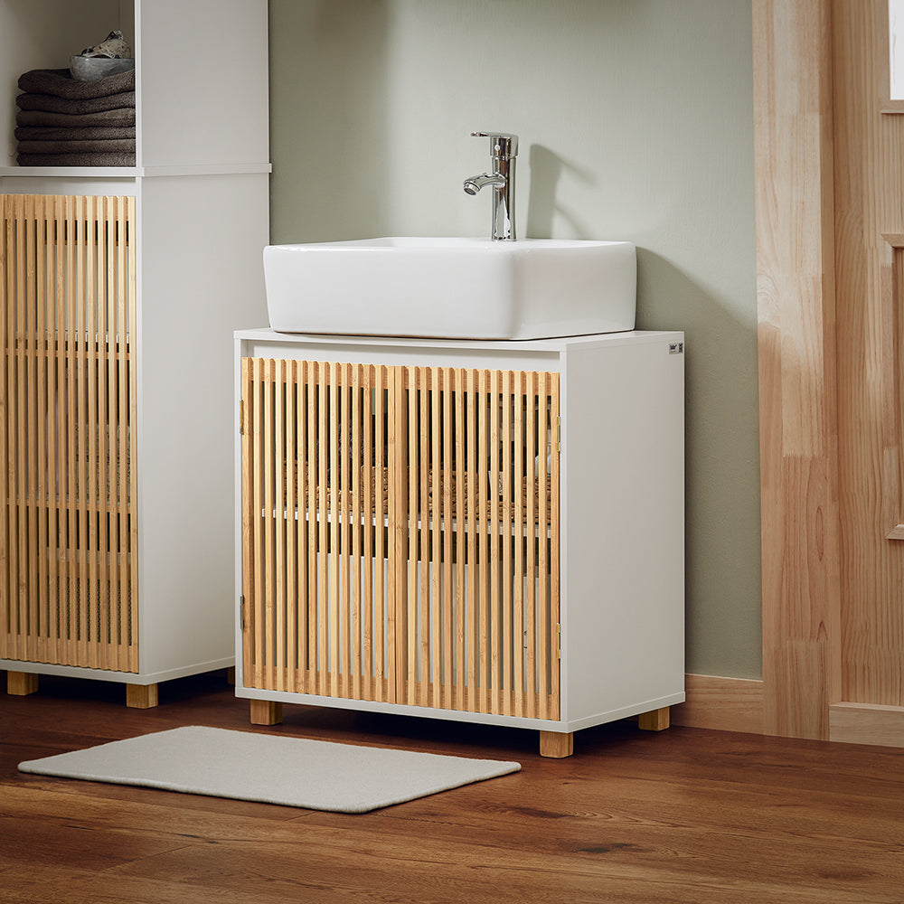 SoBuy BZR125-W Meuble sous Lavabo de Salle de Bain, Meuble sous Vasque à 2 Portes en Bambou, Placard Armoire de Rangement Meuble évier de Cuisine, L60 x P30 x H61 cm
