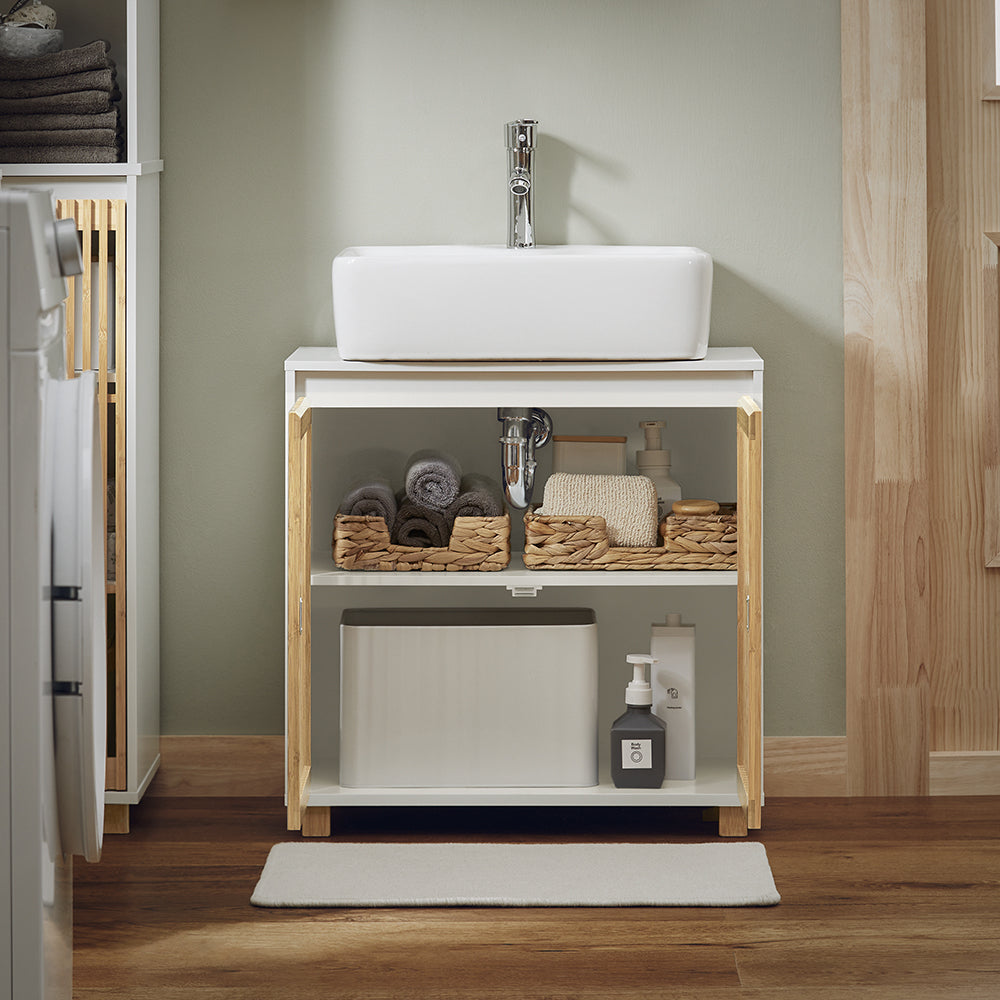 SoBuy BZR125-W Meuble sous Lavabo de Salle de Bain, Meuble sous Vasque à 2 Portes en Bambou, Placard Armoire de Rangement Meuble évier de Cuisine, L60 x P30 x H61 cm