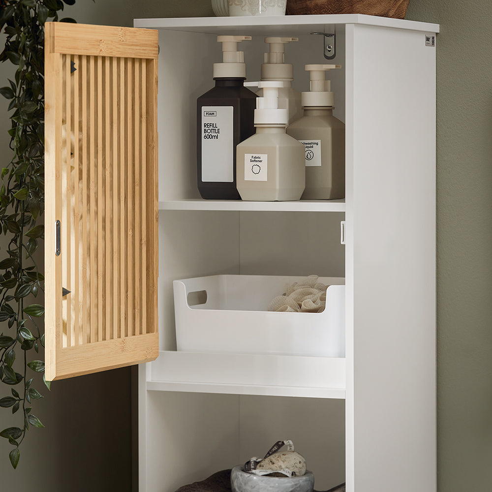 SoBuy BZR127-W Colonne Salle de Bain Rangement Fonctionnel et Compact, Gain de Place, pour Salle de Bain et WC – L33×P33×H165 cm, Bambou, Blanc et Naturel