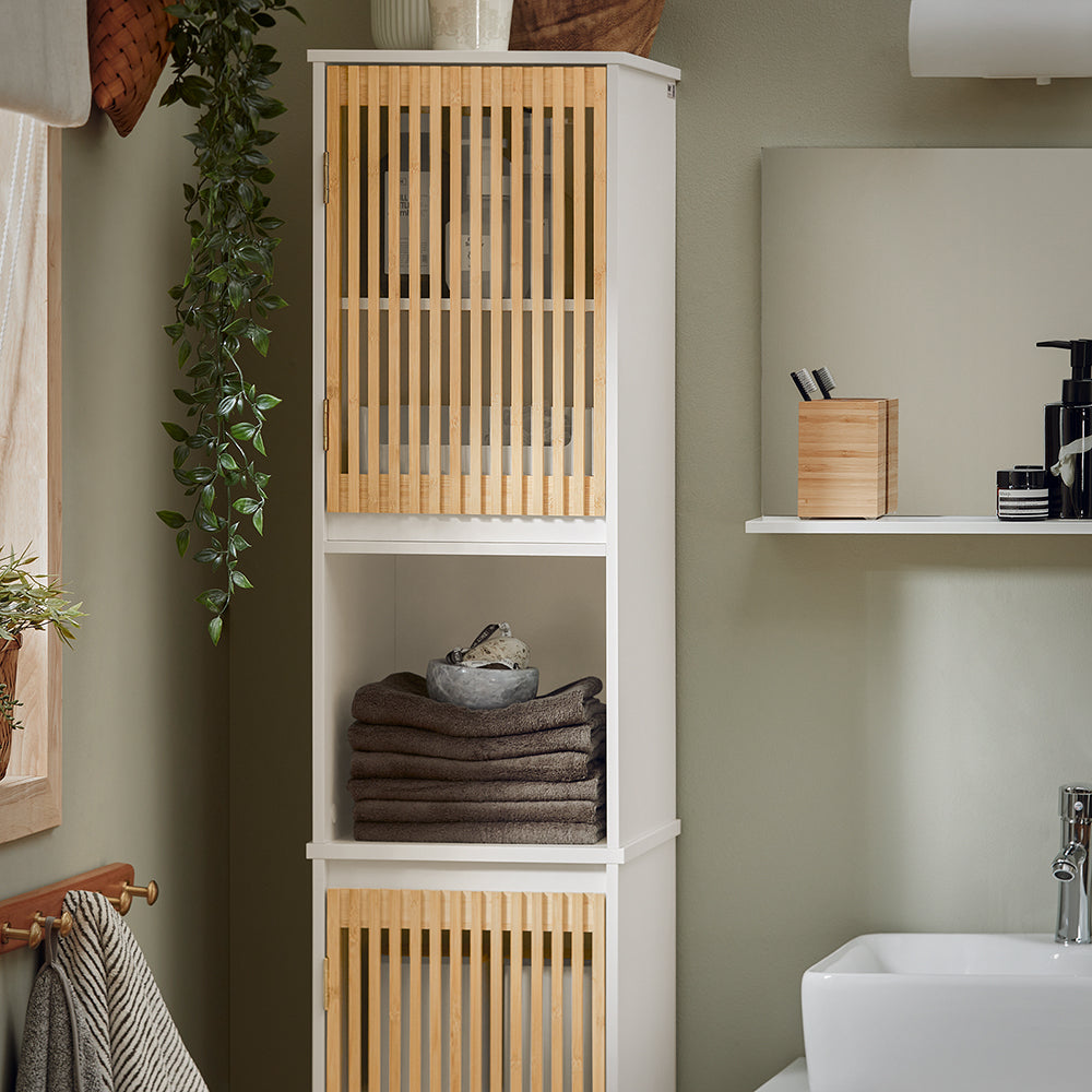 SoBuy BZR127-W Colonne Salle de Bain Rangement Fonctionnel et Compact, Gain de Place, pour Salle de Bain et WC – L33×P33×H165 cm, Bambou, Blanc et Naturel