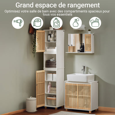 SoBuy BZR127-W Colonne Salle de Bain Rangement Fonctionnel et Compact, Gain de Place, pour Salle de Bain et WC – L33×P33×H165 cm, Bambou, Blanc et Naturel
