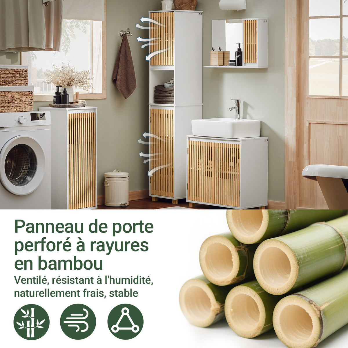 SoBuy BZR127-W Colonne Salle de Bain Rangement Fonctionnel et Compact, Gain de Place, pour Salle de Bain et WC – L33×P33×H165 cm, Bambou, Blanc et Naturel