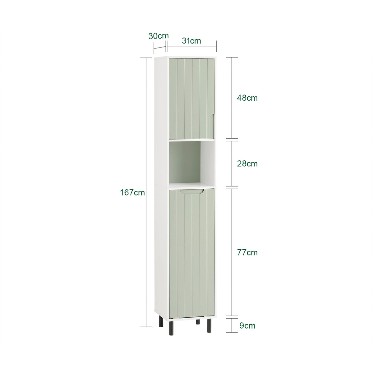 SoBuy BZR137-GR Colonne Salle de Bain Vert et Blanc 167 cm avec Sac à Linge Pliable, Porte, Étagère Réglable et Compartiment Ouvert – Pieds Métal, 30 cm de Profondeur