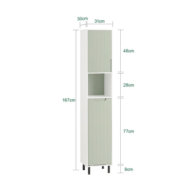 SoBuy BZR137-GR Colonne Salle de Bain Vert et Blanc 167 cm avec Sac à Linge Pliable, Porte, Étagère Réglable et Compartiment Ouvert – Pieds Métal, 30 cm de Profondeur