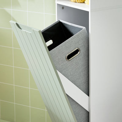 SoBuy BZR137-GR Colonne Salle de Bain Vert et Blanc 167 cm avec Sac à Linge Pliable, Porte, Étagère Réglable et Compartiment Ouvert – Pieds Métal, 30 cm de Profondeur