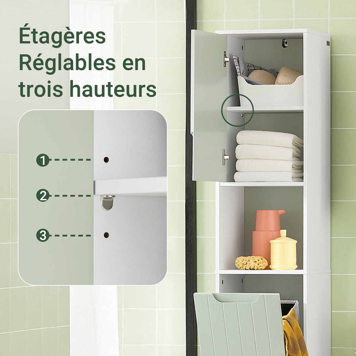 SoBuy BZR137-GR Colonne Salle de Bain Vert et Blanc 167 cm avec Sac à Linge Pliable, Porte, Étagère Réglable et Compartiment Ouvert – Pieds Métal, 30 cm de Profondeur
