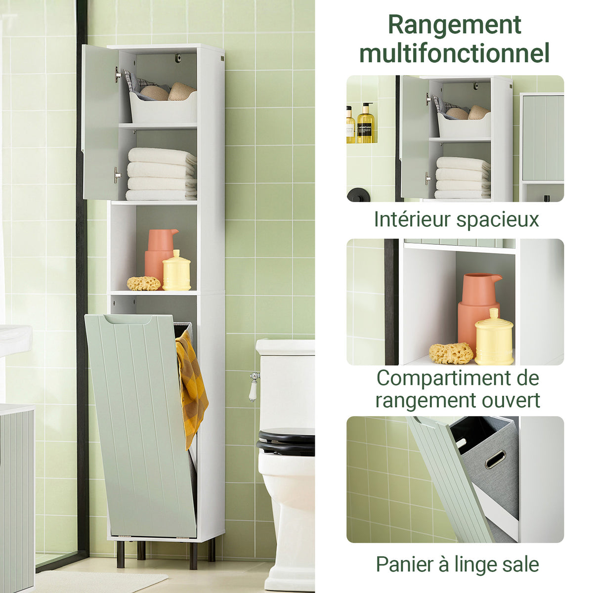 SoBuy BZR137-GR Colonne Salle de Bain Vert et Blanc 167 cm avec Sac à Linge Pliable, Porte, Étagère Réglable et Compartiment Ouvert – Pieds Métal, 30 cm de Profondeur