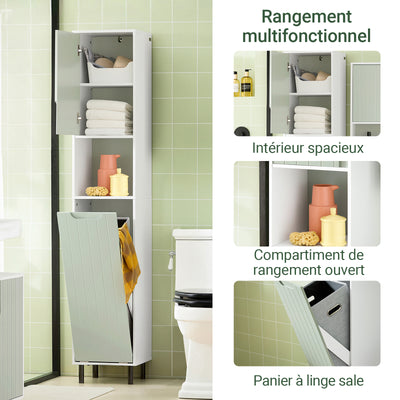 SoBuy BZR137-GR Colonne Salle de Bain Vert et Blanc 167 cm avec Sac à Linge Pliable, Porte, Étagère Réglable et Compartiment Ouvert – Pieds Métal, 30 cm de Profondeur