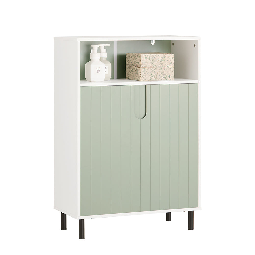 SoBuy BZR138-GR Meuble Bas Salle de Bain Vert et Blanc 87 cm avec 2 Portes, Étagères Réglables et Compartiment Ouvert – Pieds