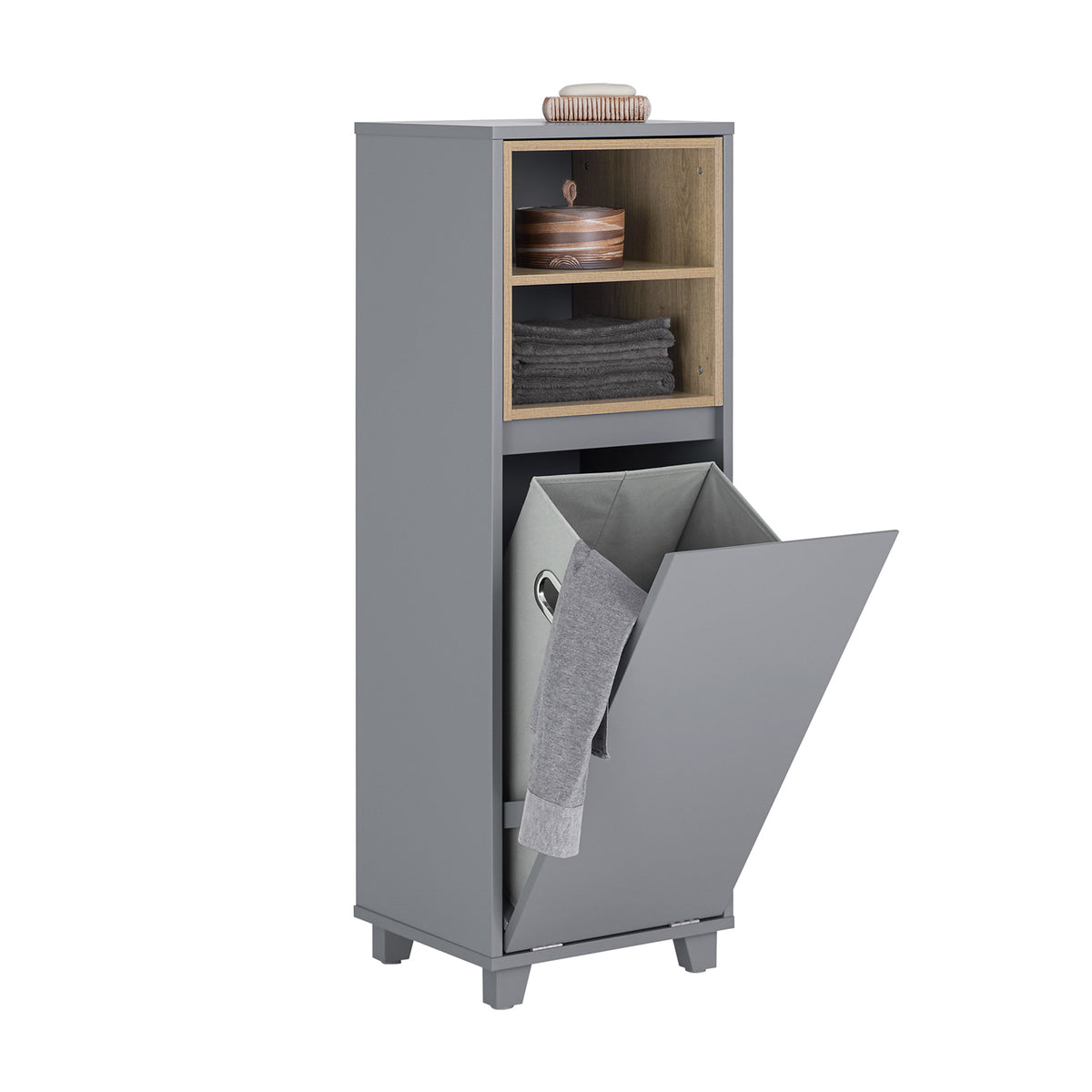 SoBuy BZR146-DG Meuble Bas de Salle de Bain, Meuble Demi-Colonne sur Pied, Placard WC Étroit avec 1 Panier à Linge