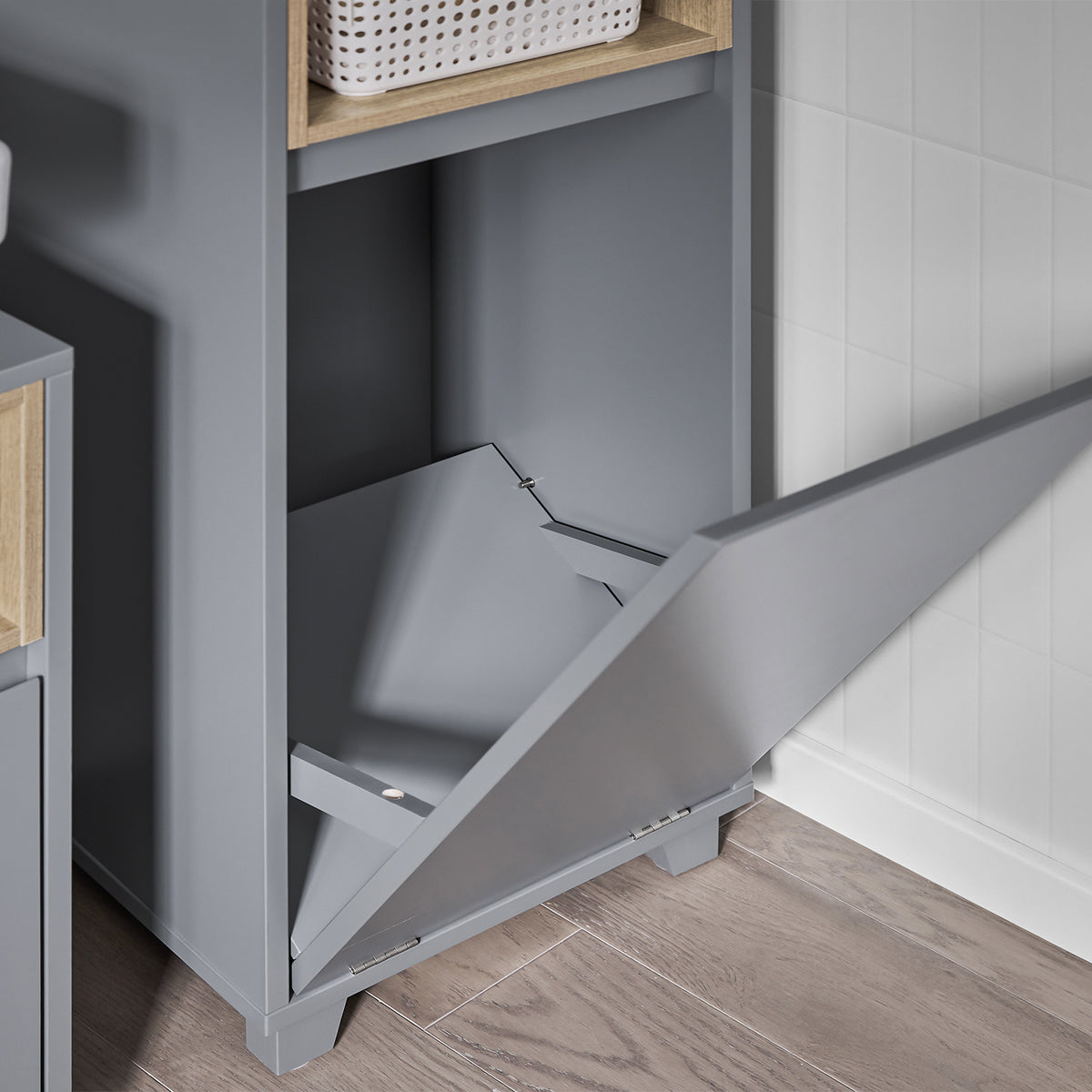 SoBuy BZR146-DG Meuble Bas de Salle de Bain, Meuble Demi-Colonne sur Pied, Placard WC Étroit avec 1 Panier à Linge