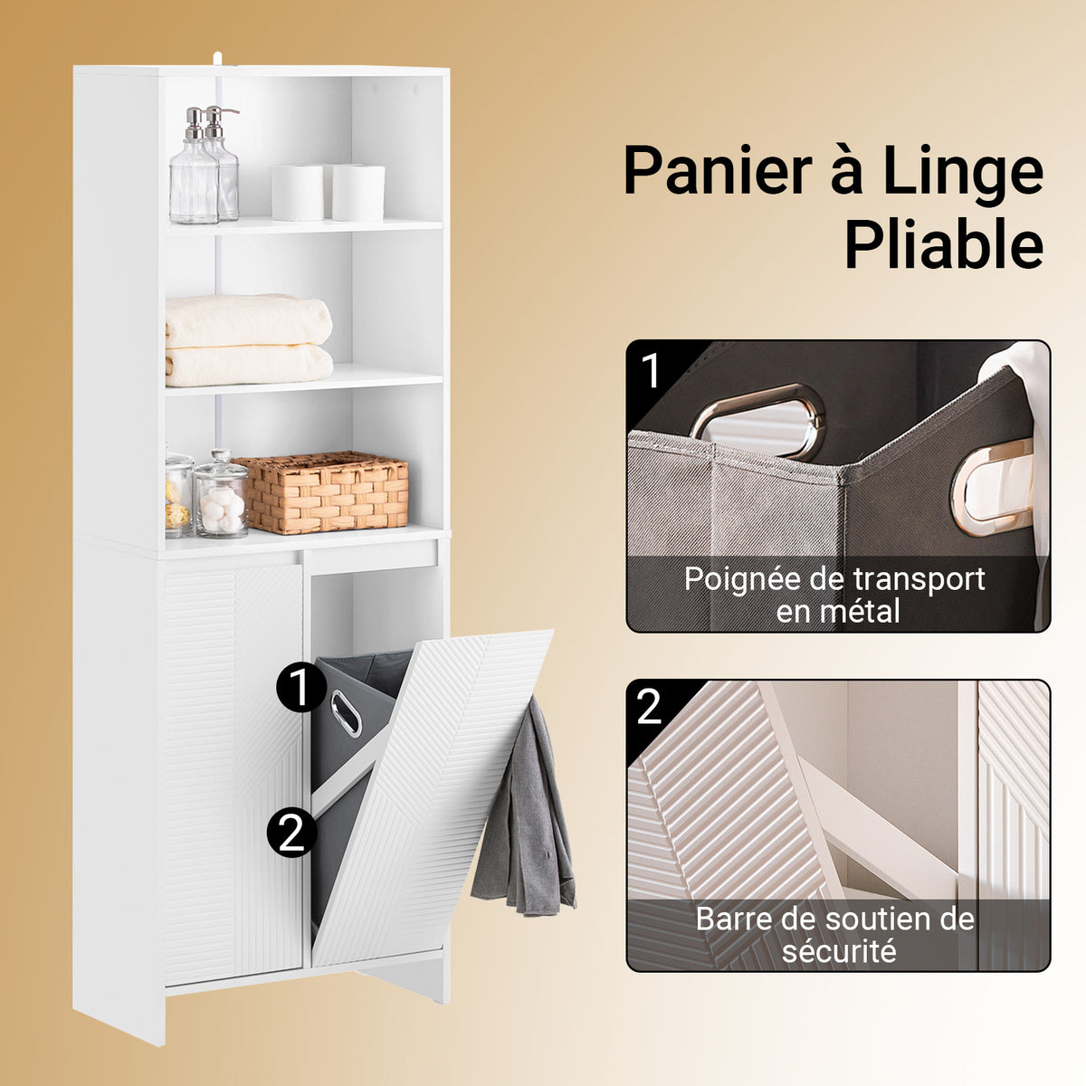 SoBuy BZR155-W Meuble Colonne Salle de Bain avec Panier à Linge – Armoire Haute Étroit avec Portes et Étagères Ouvertes – Meuble Rangement WC Blanc 60x30x171cm