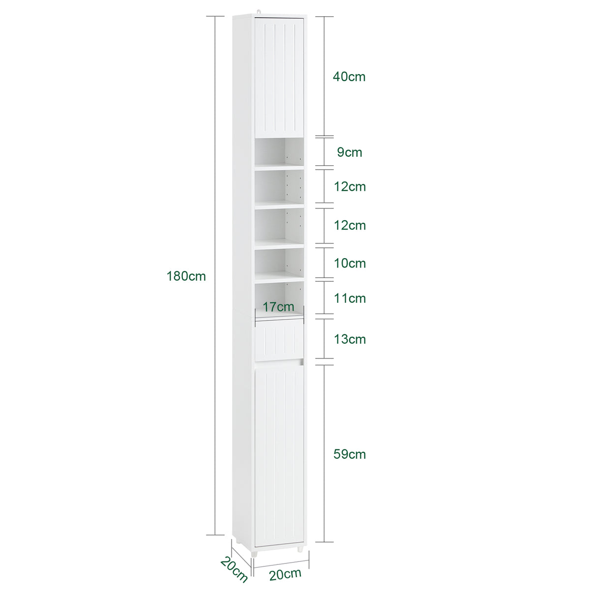 SoBuy BZR160-W Colonne Salle de Bain 20x180x20 cm, Petit Meuble Rangement WC, Meuble Salle de Bain avec Portes, Tiroir, Étagères, Armoire Haute Gain de Place