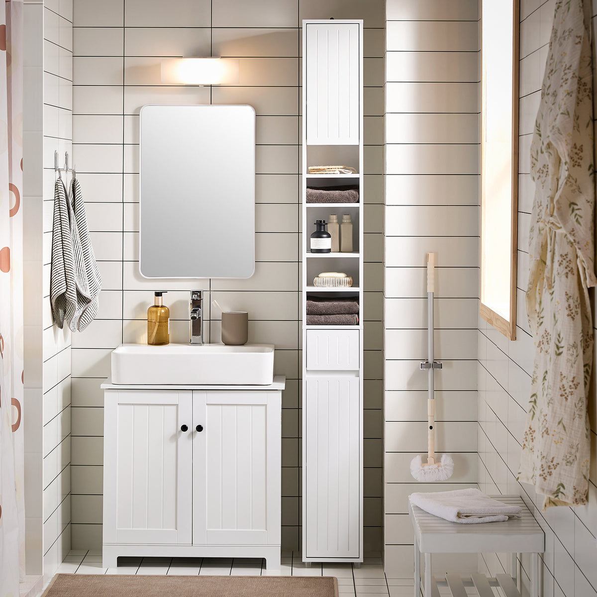SoBuy BZR160-W Colonne Salle de Bain 20x180x20 cm, Petit Meuble Rangement WC, Meuble Salle de Bain avec Portes, Tiroir, Étagères, Armoire Haute Gain de Place