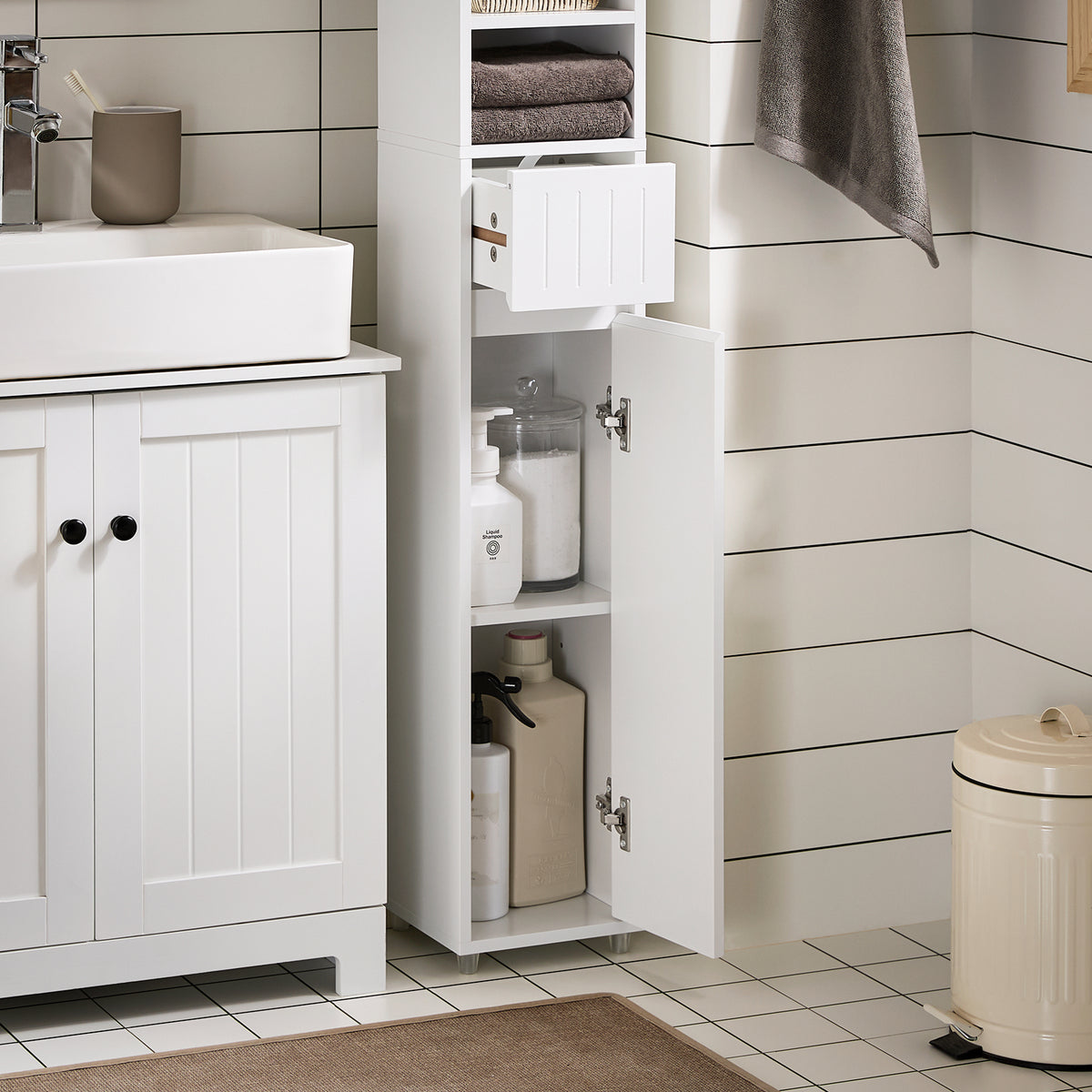 SoBuy BZR160-W Colonne Salle de Bain 20x180x20 cm, Petit Meuble Rangement WC, Meuble Salle de Bain avec Portes, Tiroir, Étagères, Armoire Haute Gain de Place