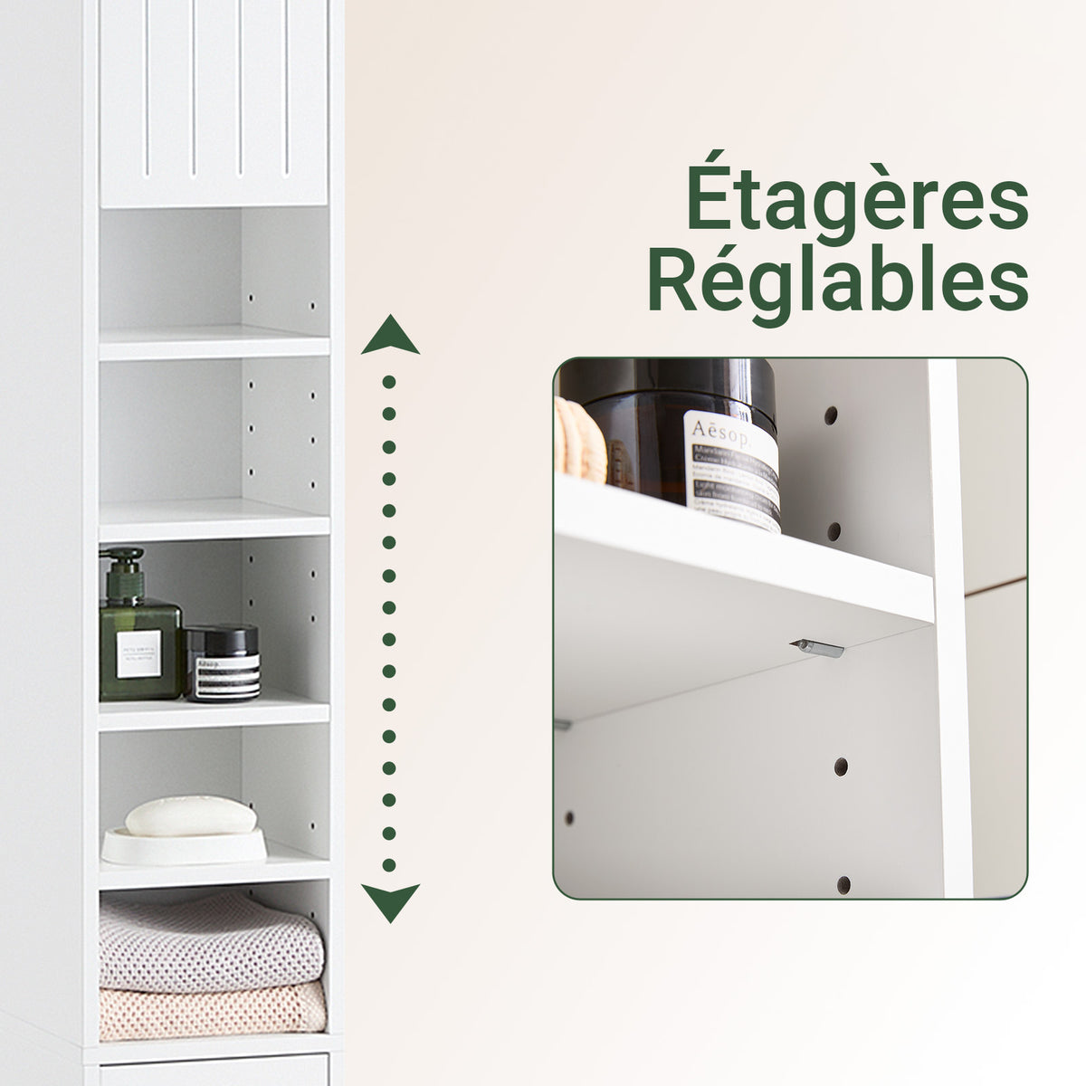 SoBuy BZR160-W Colonne Salle de Bain 20x180x20 cm, Petit Meuble Rangement WC, Meuble Salle de Bain avec Portes, Tiroir, Étagères, Armoire Haute Gain de Place