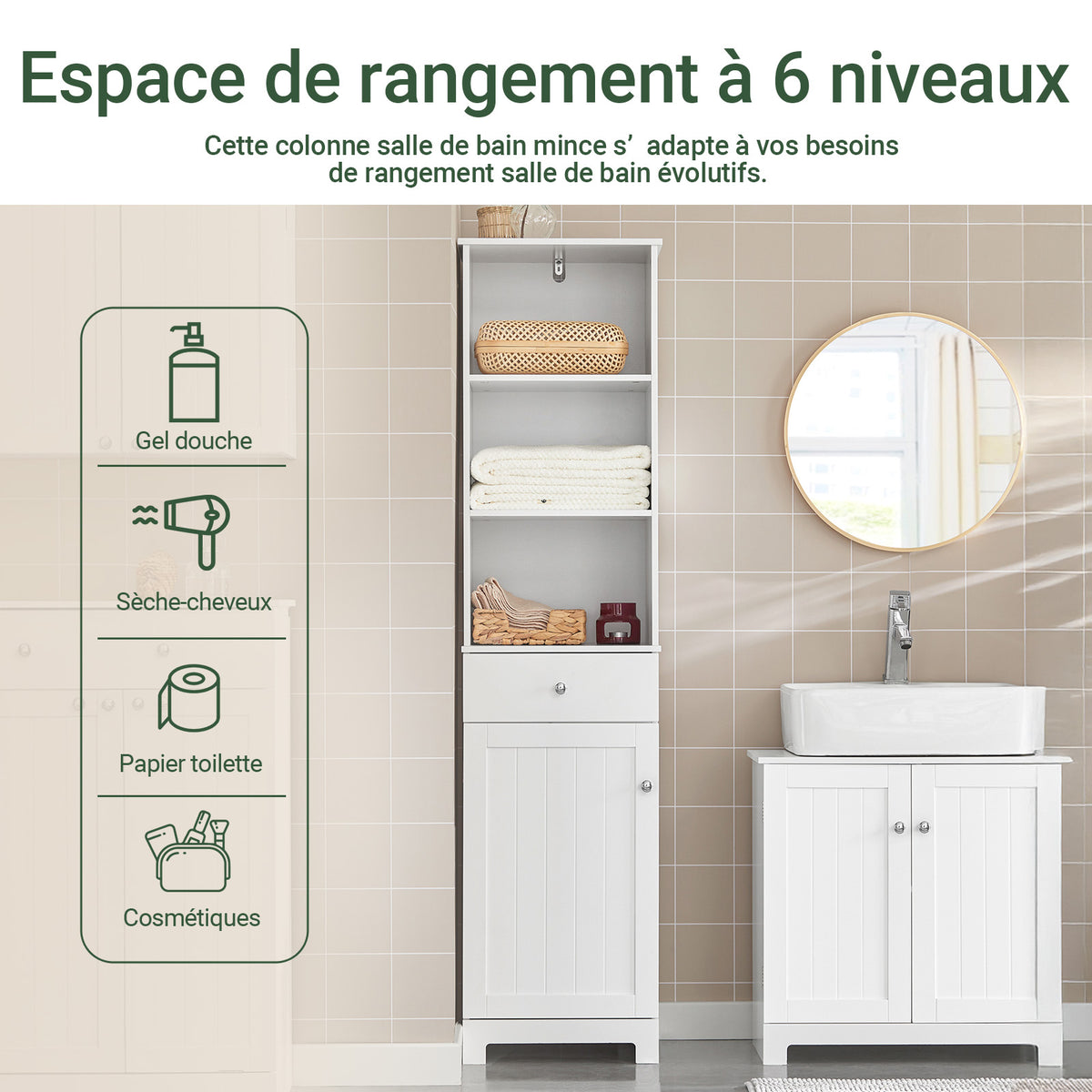 SoBuy BZR17-W Colonne Salle de Bain Meuble Salle de Bain Rangement avec Armoire et 3 Étagères Ouvertes, Petit Meuble Compact avec 1 Tiroir pour WC, Chambre 40x161x35 cm