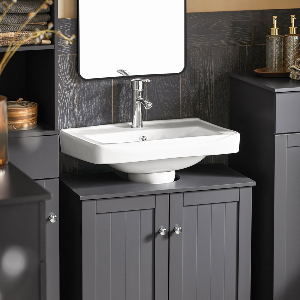 SoBuy BZR18-II-DG Meuble sous-Lavabo à 2 étages et 2 Portes Meuble de Rangement de Salle de Bain - L60cm x P30cm x H60cm