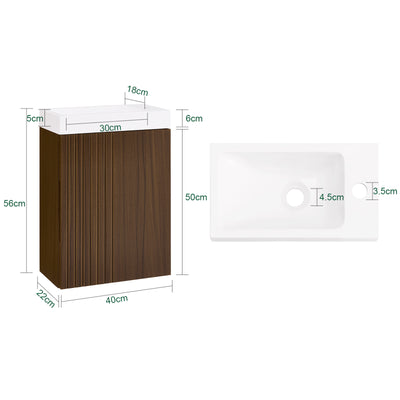 SoBuy BZR196-BR Meuble Sous Vasque Suspendu Bois Foncé avec Lavabo Céramique, Porte Soft-Close Sans Poignée, Étagère, 15kg – 40x22x56 cm