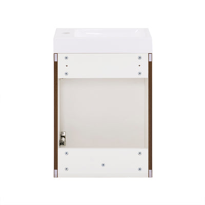 SoBuy BZR196-BR Meuble Sous Vasque Suspendu Bois Foncé avec Lavabo Céramique, Porte Soft-Close Sans Poignée, Étagère, 15kg – 40x22x56 cm