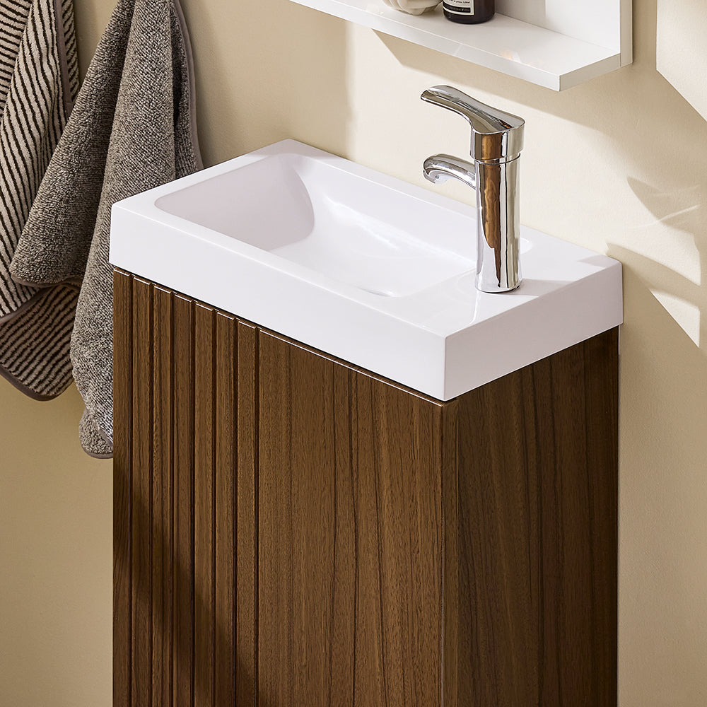 SoBuy BZR196-BR Meuble Sous Vasque Suspendu Bois Foncé avec Lavabo Céramique, Porte Soft-Close Sans Poignée, Étagère, 15kg – 40x22x56 cm