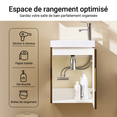SoBuy BZR196-BR Meuble Sous Vasque Suspendu Bois Foncé avec Lavabo Céramique, Porte Soft-Close Sans Poignée, Étagère, 15kg – 40x22x56 cm