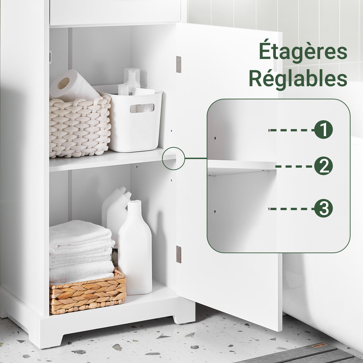 SoBuy BZR207-W Colonne de Salle de Bain avec Tiroir, Étagères Réglables et Placard – L42×P30×H93 cm, Charge 37 kg, MDF E1, Blanc