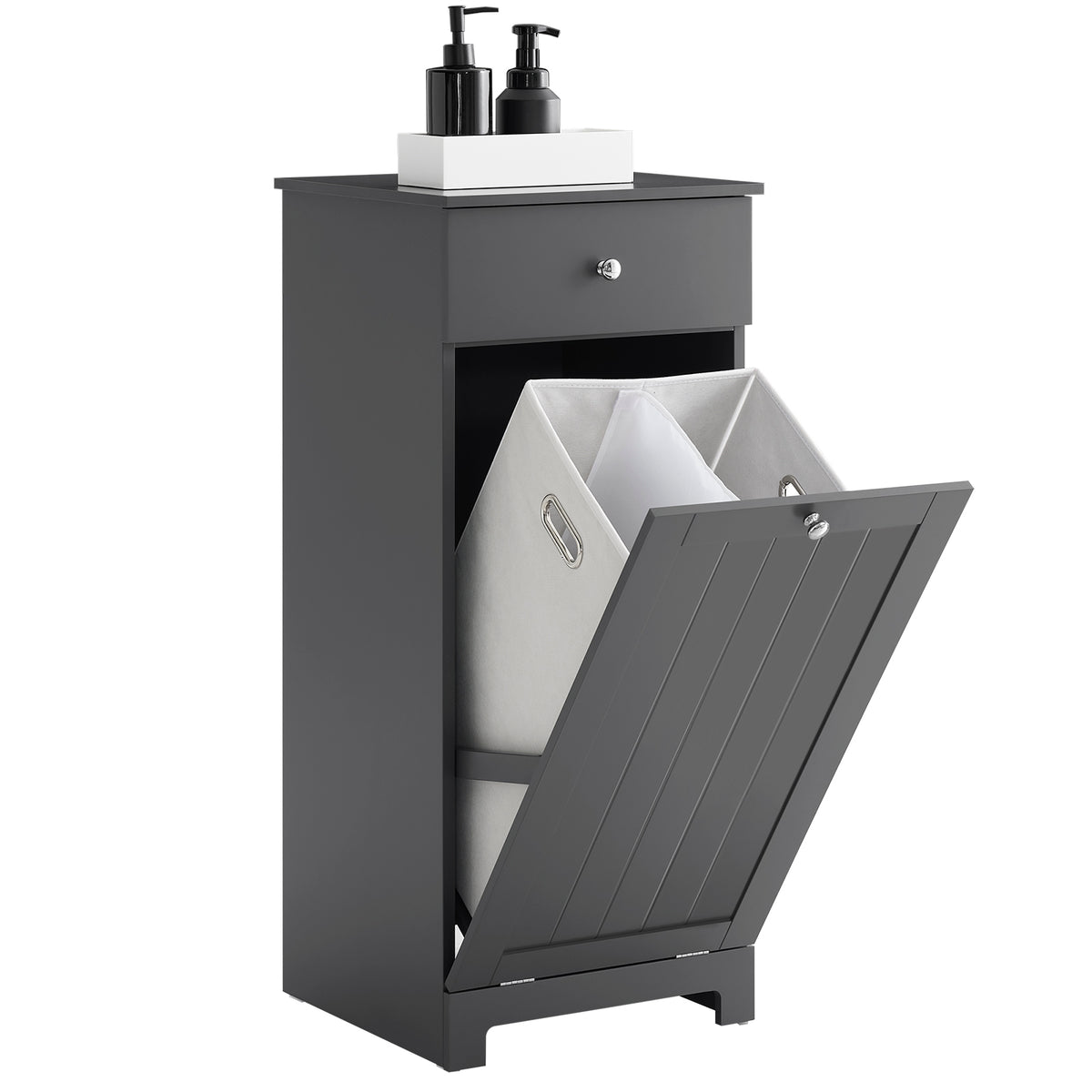 SoBuy BZR21-II-DG Meuble Bas de Salle de Bain, Armoire Toilette avec 1 Tiroir et 1 Panier à Linge Pliable, Meuble de Rangemen