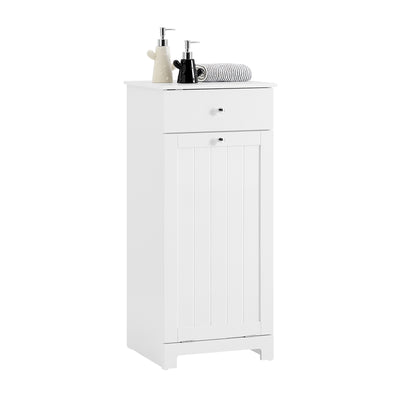SoBuy BZR21-II-W Meuble Bas Salle de Bain Blanc 90 cm avec Panier à Linge Basculant 2 Compartiments, Tiroir et Étagère – Ferm