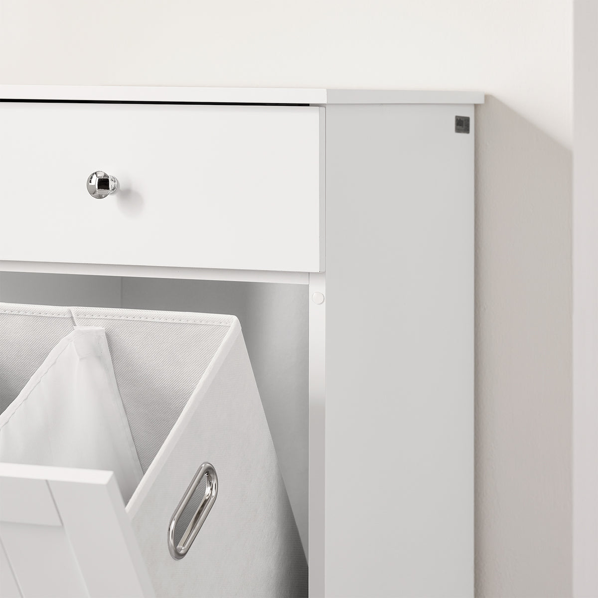 SoBuy BZR21-II-W Meuble Bas Salle de Bain Blanc 90 cm avec Panier à Linge Basculant 2 Compartiments, Tiroir et Étagère – Fermeture Silencieuse, MDF E1