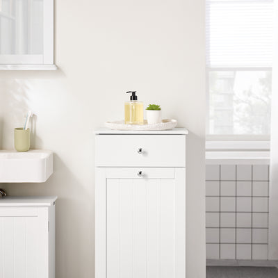 SoBuy BZR21-II-W Meuble Bas Salle de Bain Blanc 90 cm avec Panier à Linge Basculant 2 Compartiments, Tiroir et Étagère – Fermeture Silencieuse, MDF E1