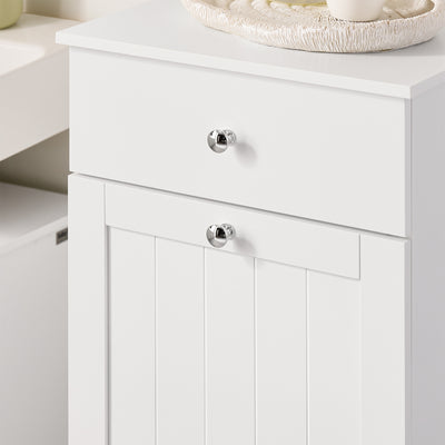 SoBuy BZR21-II-W Meuble Bas Salle de Bain Blanc 90 cm avec Panier à Linge Basculant 2 Compartiments, Tiroir et Étagère – Fermeture Silencieuse, MDF E1