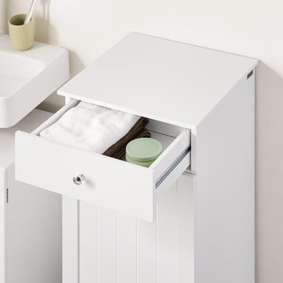 SoBuy BZR21-II-W Meuble Bas Salle de Bain Blanc 90 cm avec Panier à Linge Basculant 2 Compartiments, Tiroir et Étagère – Fermeture Silencieuse, MDF E1
