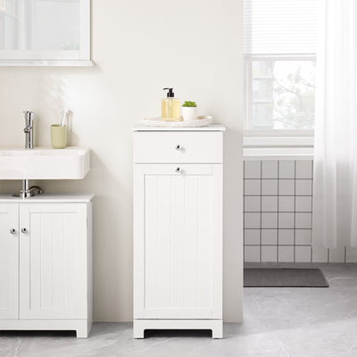 SoBuy BZR21-II-W Meuble Bas Salle de Bain Blanc 90 cm avec Panier à Linge Basculant 2 Compartiments, Tiroir et Étagère – Fermeture Silencieuse, MDF E1