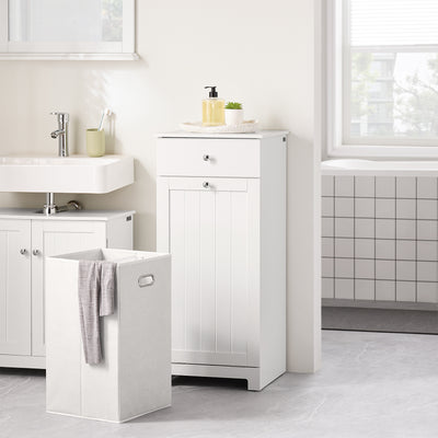 SoBuy BZR21-II-W Meuble Bas Salle de Bain Blanc 90 cm avec Panier à Linge Basculant 2 Compartiments, Tiroir et Étagère – Fermeture Silencieuse, MDF E1